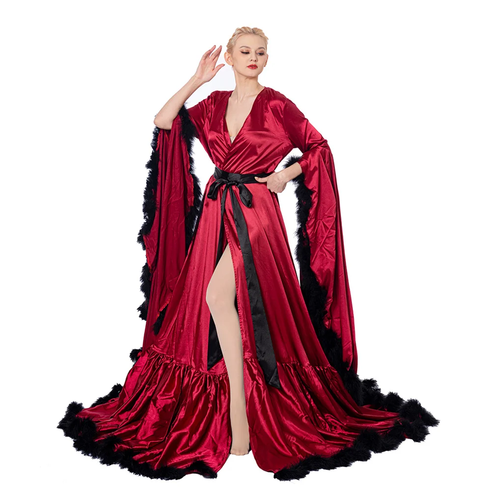 Sexy Red Slit Long Robe Bridal Wedding Boudoir Dress Medieval Evening Party Feather Sleepwear Ball Gown Home Bathrobe