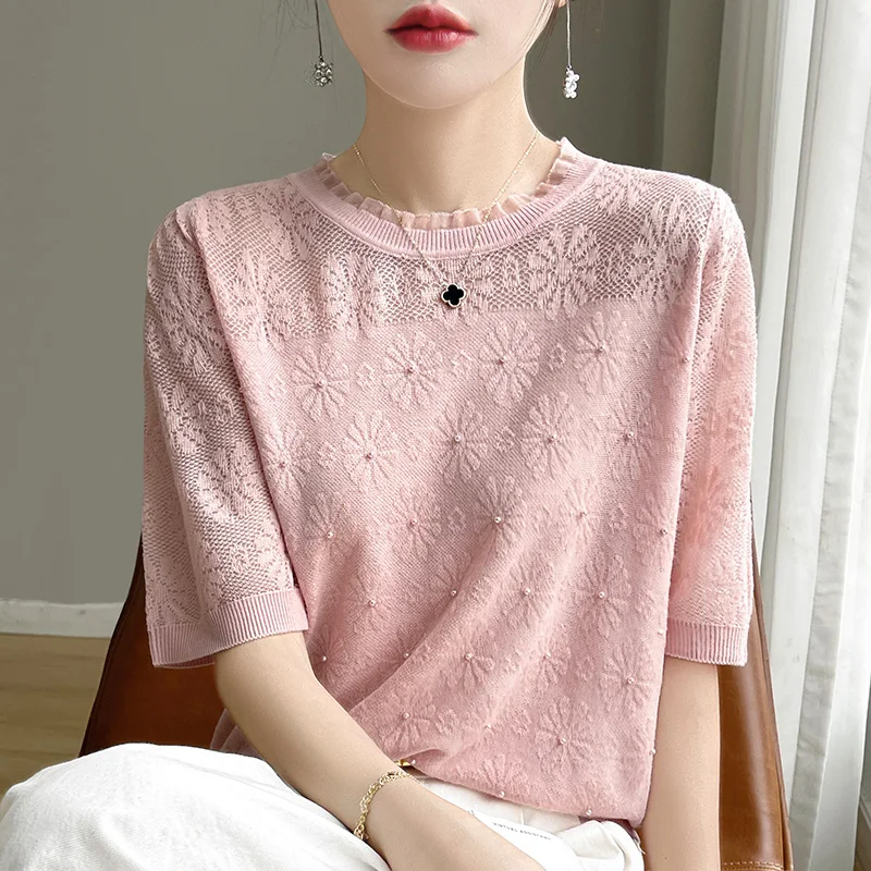 Women\'s Summer Lace Pearl Pullover Thin Ice Silk Short Sleeve French Solid Color Fashion Mulberry Silk T-Shirt Top