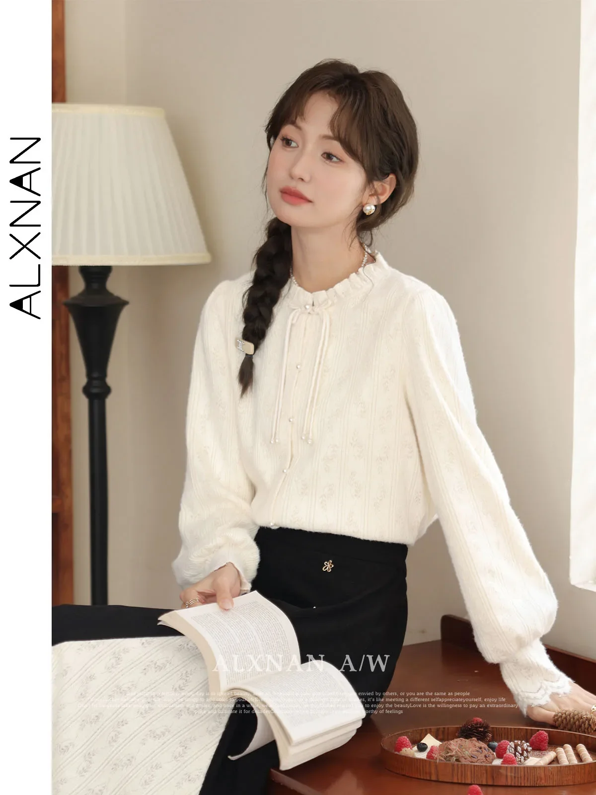 

ALXNAN Women's Neo-chinese Style Shirts Ruffled Collar Lantern Sleeve Pearl Button 2024 Autumn Winter Female Casual Top LXN32752