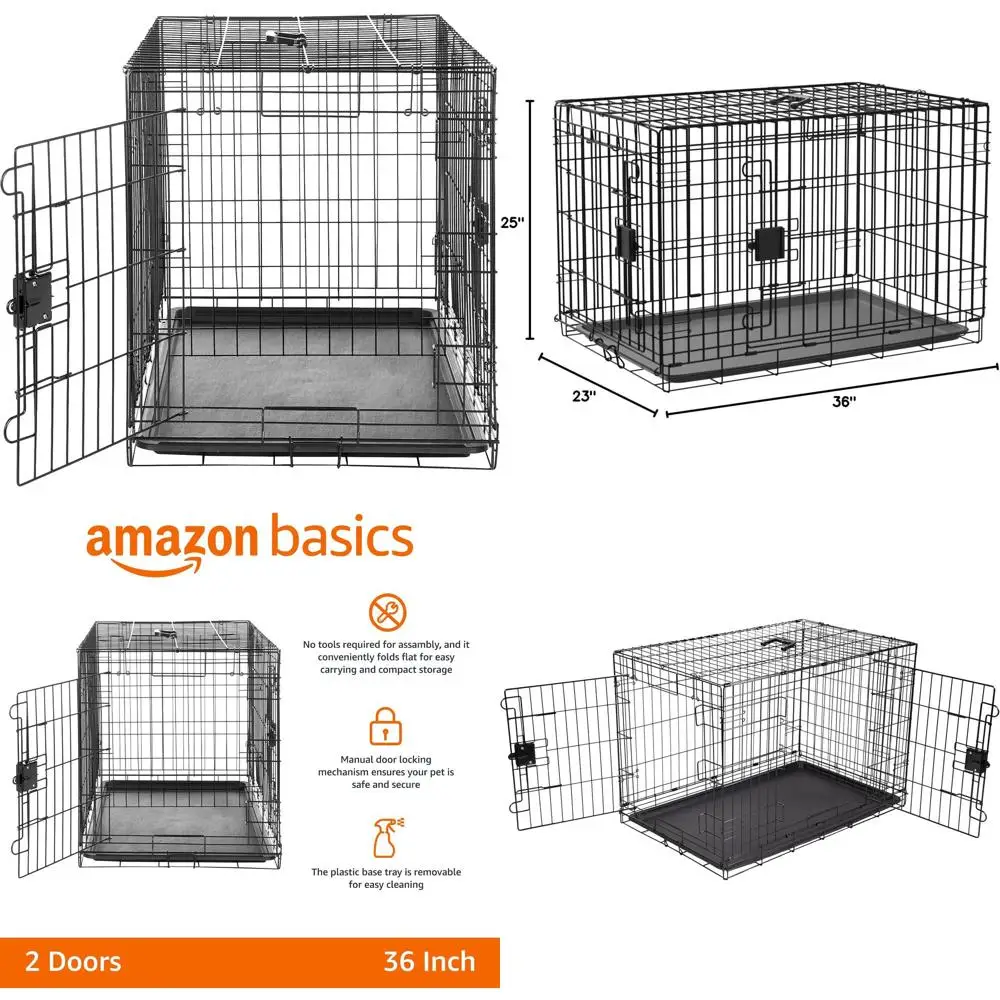 

Прочная складная металлическая клетка для собак с поддоном, двойной вход, 36 x 23 x 25, черная