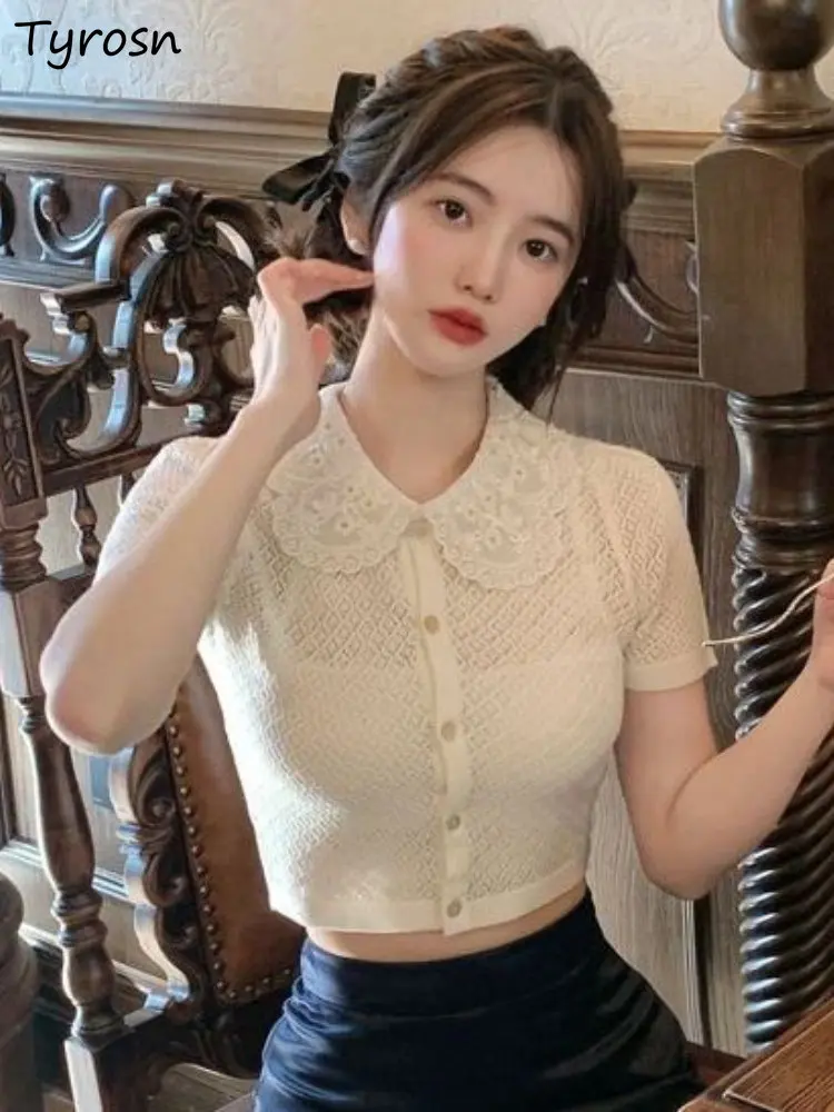 

Women Shirts Fashion Elegant Simple Solid All-match Girls French Style Summer Peter Pan Collar Design Sweet Female Casual Tender