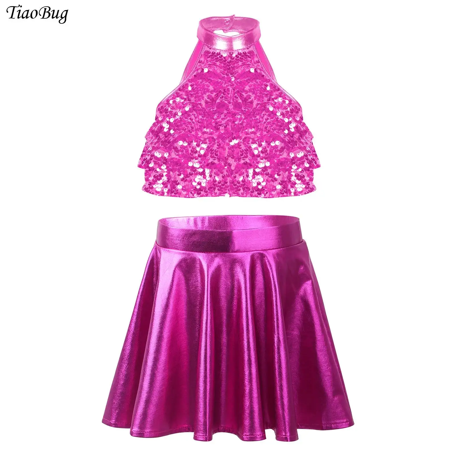 

Kids Girls Jazz Dance Performance Outfit Sleeveless Mock Neck Shiny Sequin Tiered Backless Crop Top with Metallic Ruffled Skirt