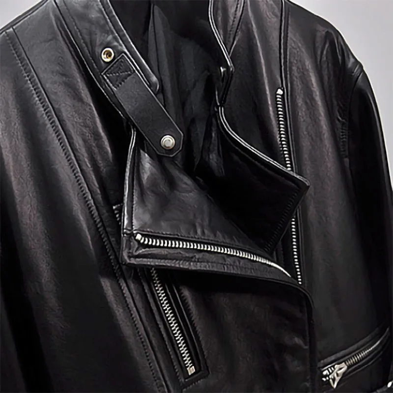 Blouson de motard en cuir de mouton véritable pour femme, épaules tombantes, col montant, à la mode, nouveauté 2022, AEL4943