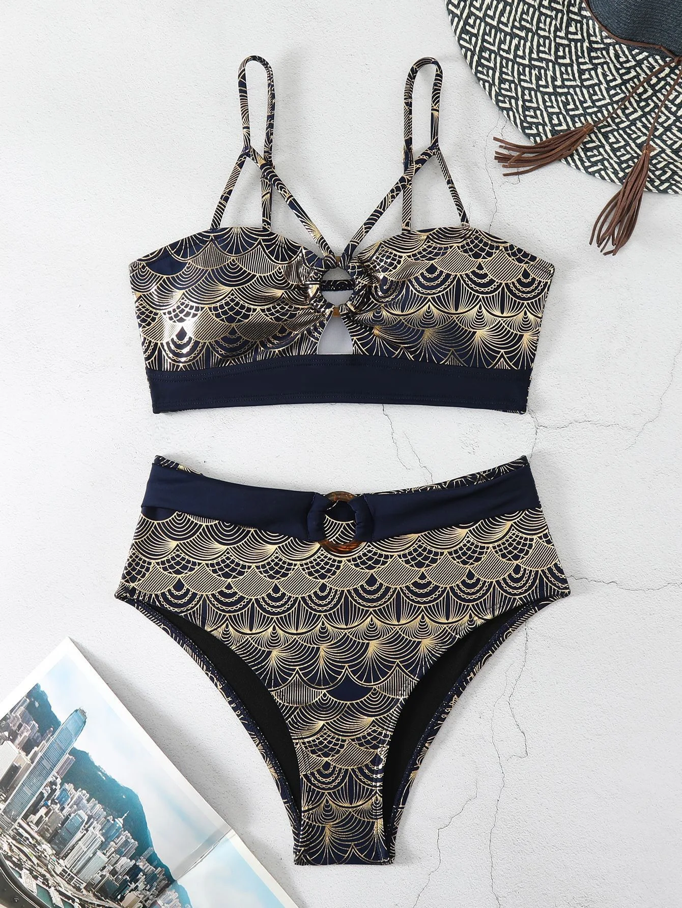 Nowy seksowny metalowy złoty Push Up Bikini 2024 kobiet stroje kąpielowe damski strój kąpielowy dwuczęściowy Bikini wysokie w talii strój kąpielowy