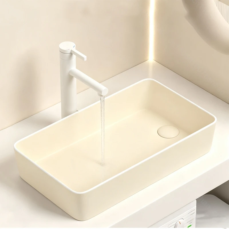 Rectangle Porcelain Ceramic Vessel Sink for Bathroom Modern Above Counter Wash Bowl Basin with Drain Kit Countertop Vanity Sinks