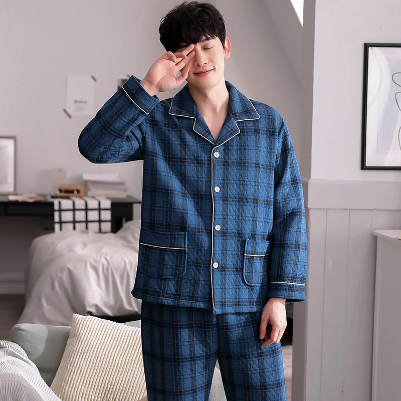 Men's three-layer thin cotton men's pajamas cardigan collar plaid long sleeved men's home wear winter men's home wear