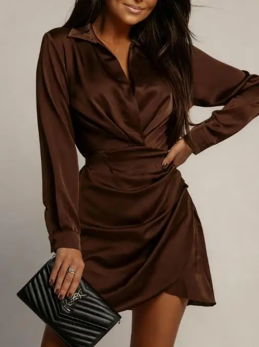 

Women Dresses 2026 Spring Autumn New Solid Color Turn-Down Collar Long Sleeve Ruched Versatile High Waist Casual Mini Dress