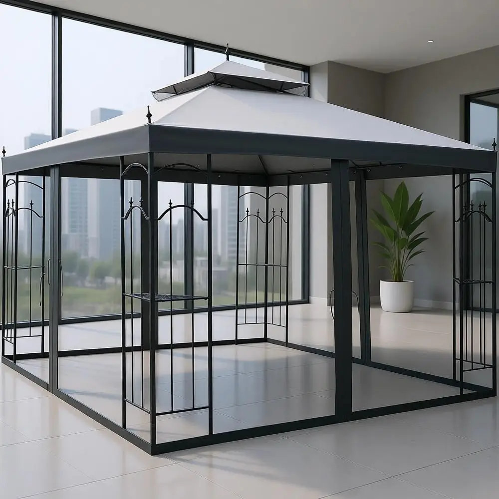 

Уличная беседка 3х3 м с полками, двойной крышей и сеткой для патио, свадеб и мероприятий, серая