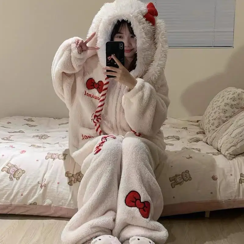 Adorable Bow Hooded Onesie Pajamas Long Sleeve Zip up Comfortable Sleepwear for Couples Autumn Season Home Clothes