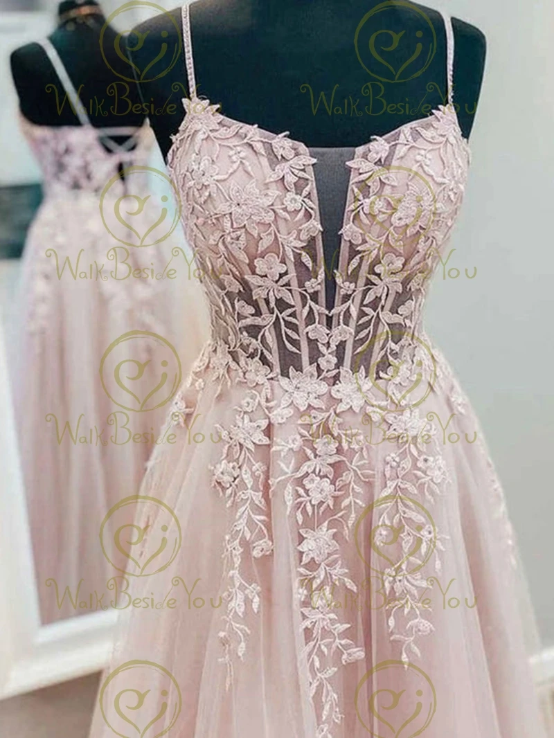 Light Pink Lace Appliques Spaghetti Strap Prom Dresses Long Floor Length Cross Back Corset Back Tulle Evening Gown Elegant Party