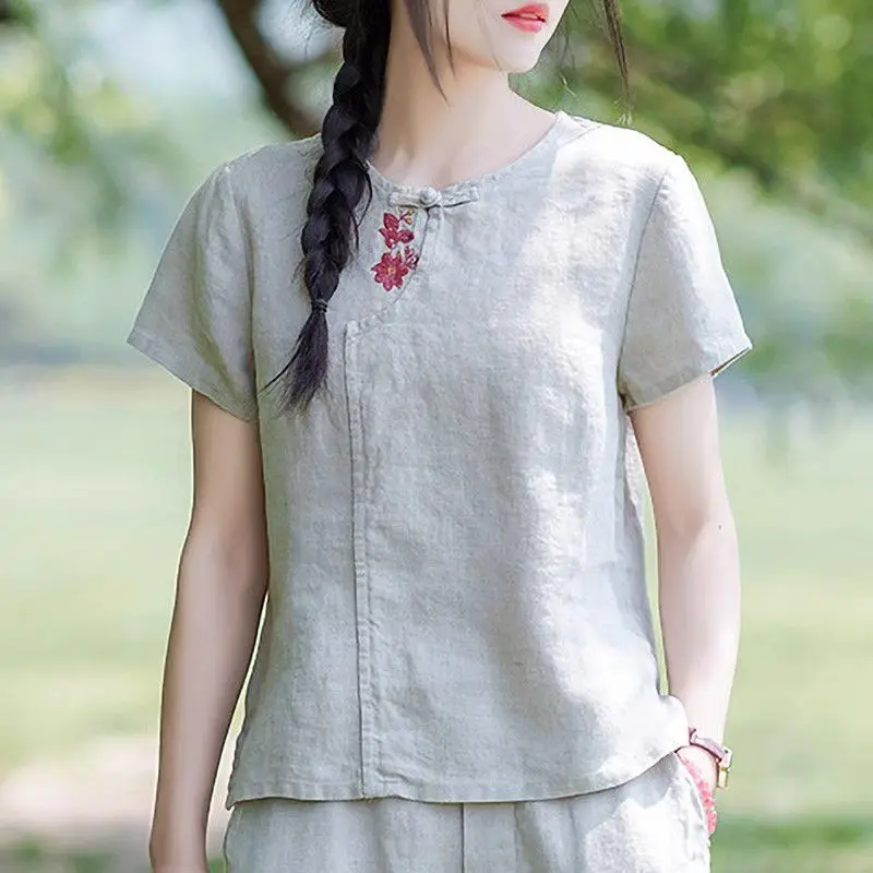 Women Retro Chinese Style Embroidery Short Sleeve T-shirt 2024 Summer Simple Casual Solid Loose Cotton Linen Tops Ropa De Mujer