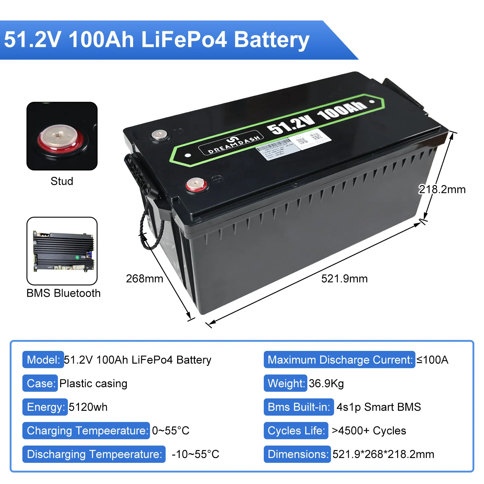 Dreamdash  LiFePO4 Battery 51.2V 100Ah Lithium Battery Powerwall 4500+ Cycle For Home Energy Solar Off-Grid Battery 15kWh