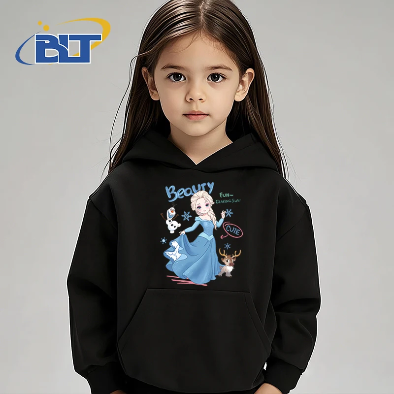 Disney Princess Elsa Little Mermaid Snow White Printed Children's Clothing Kids Hoodies Black Tops Sports Sweatshirts for Girls