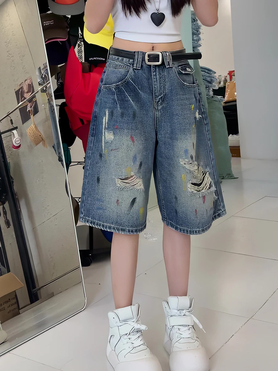 

Washed American Retro Slim Fit Five-Quarter Wide Leg Jeans Women's Summer New Style High Waist Straight Cut Non-Stretch
