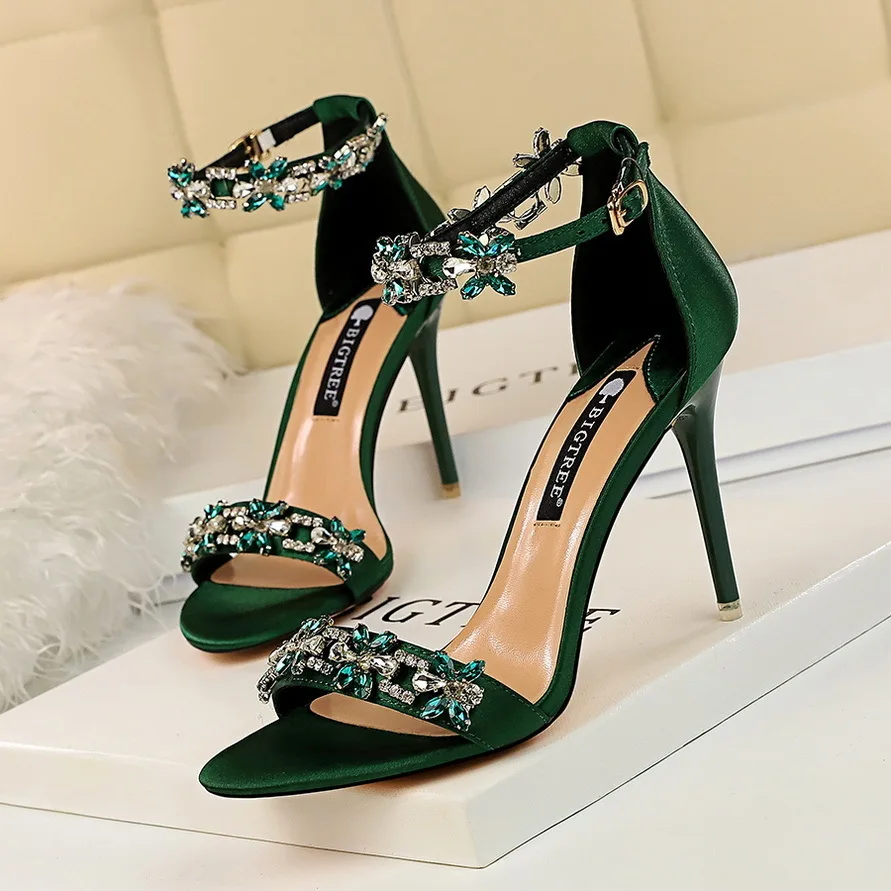 

Women's Shoes Style Sexy Banquet Ladies Thin High Heels Satin Open Toe Rhinestone Slim Sandals Pumps туфли женские женская обувь