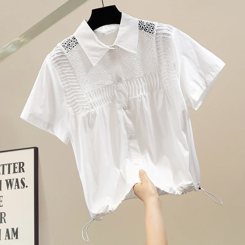 

Faionable Heavy Embroidery ort Sve Lace irt Loose Fit Dstring Versatile Top Korean Sle Hollow out Design