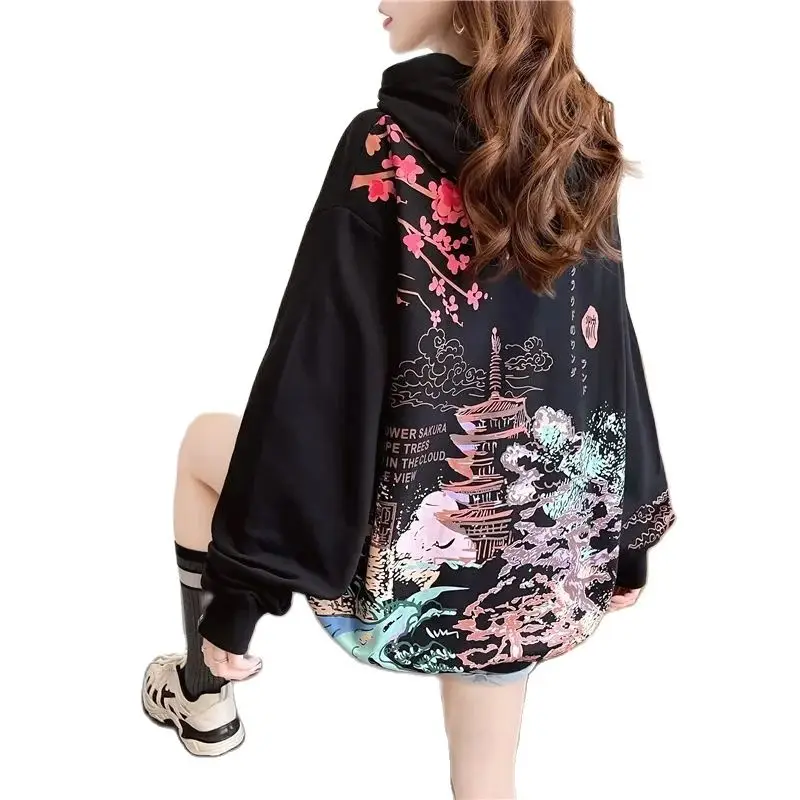 

Spring Autumn Mid-Long Thin Hoodie Women 2024New Fashion Loose Leisure Chinoiserie Printing White Black Pullover Overcoat Female