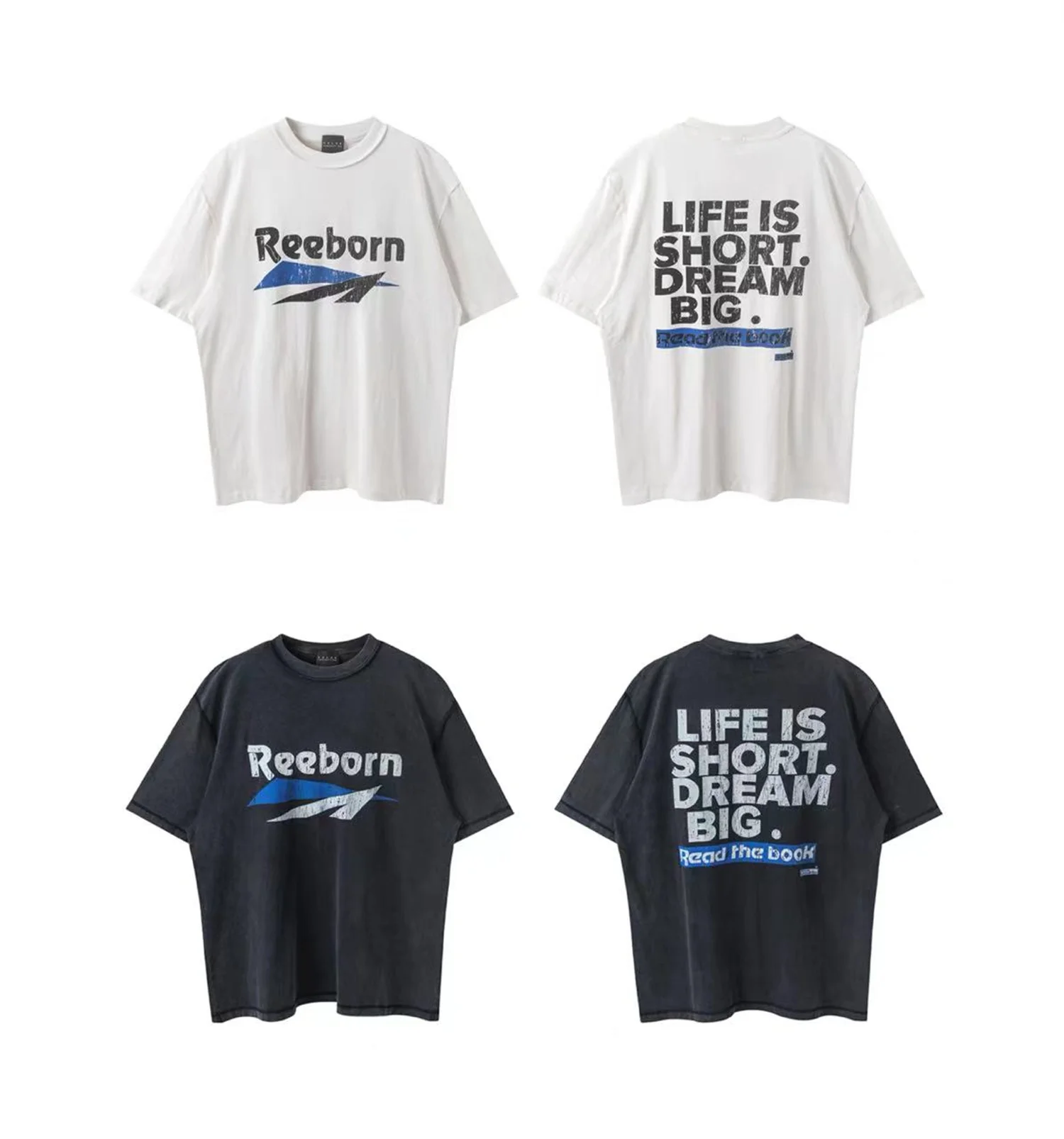 2024 New FP Vintage Retro Letter Reeborn Printing High-Street Distressed Casual Tops T-Shirt