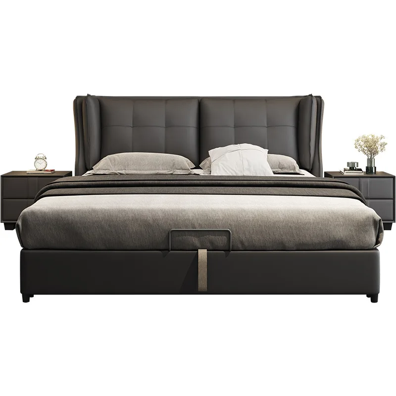 

Leather, bed Italian, minimalist, double solid wood bed Nordic soft bag first-layer cowhide bed, light luxury Nordic style