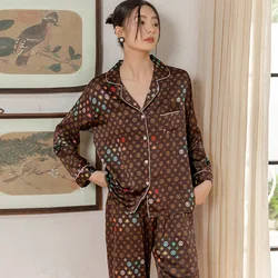 Spring Autumn Satin Pajamas Fashion Lapel Print Nightwear Women's Long Sleeved Pants Home Clothes Loose Casual 2 Piece Sleepwear