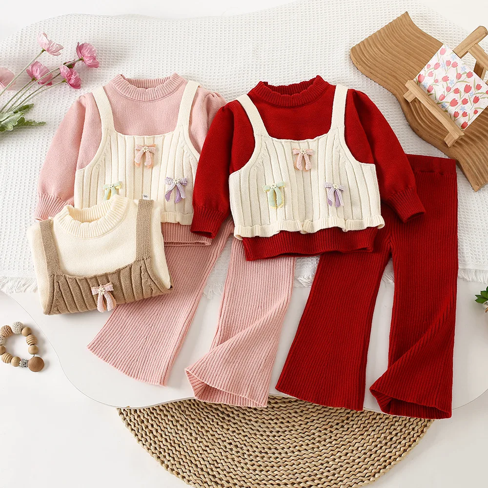 

Girls jumper suit autumn winter new baby girl three butterfly two-piece knitted trousers Korean version sweet tops90-130cm