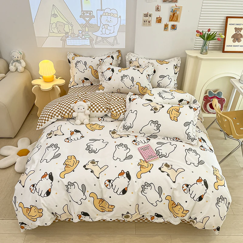 

Kawaii Cat Duvet Cover Set Lovely Kitten Printed 100%Cotton Bedding Sets with 2 Pillowcases for Kids Teens Bedroom All Season