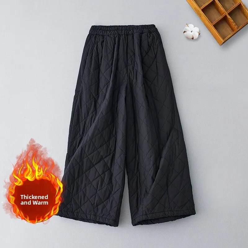 กางเกงผ้าฝ้ายน้ำหนักเบาแฟชั่นสำหรับผู้หญิง ฤดูใบไม้ร่วง ฤดูหนาว เสื้อคลุมตัวนอกทรงหลวม ทรงตรง สไตล์ลำลอง ลายเพชร บุผ้าสำหรับกันหนาว...