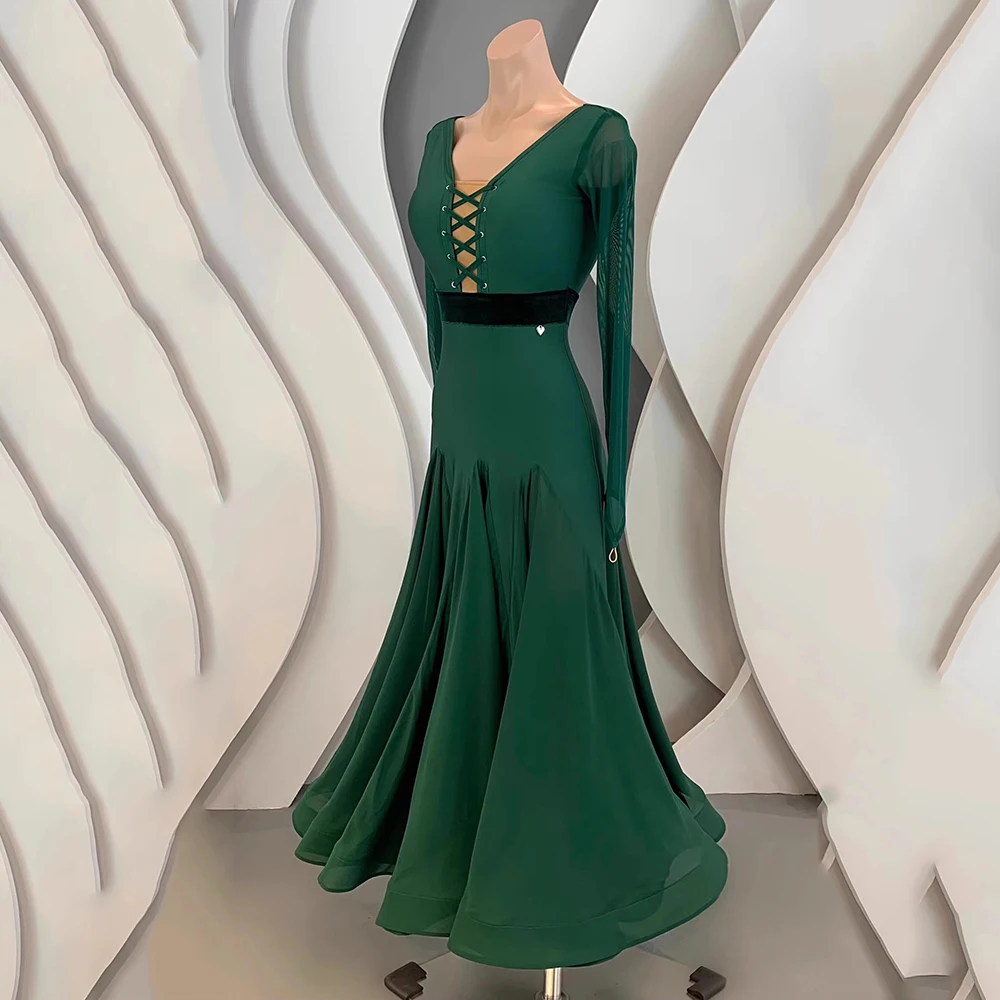 Abito da ballo latino da sala personalizzato da donna 2025 Nuovi costumi di pratica di danza moderna Abiti da competizione standard per valzer Verde