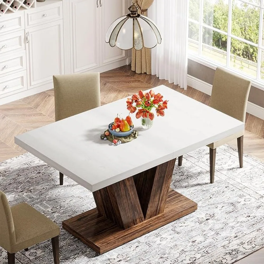 Mesa de comedor de 47 pulgadas para 4, mesa de cocina blanca con pedestal resistente, mesa de comedor de madera de granja para el hogar