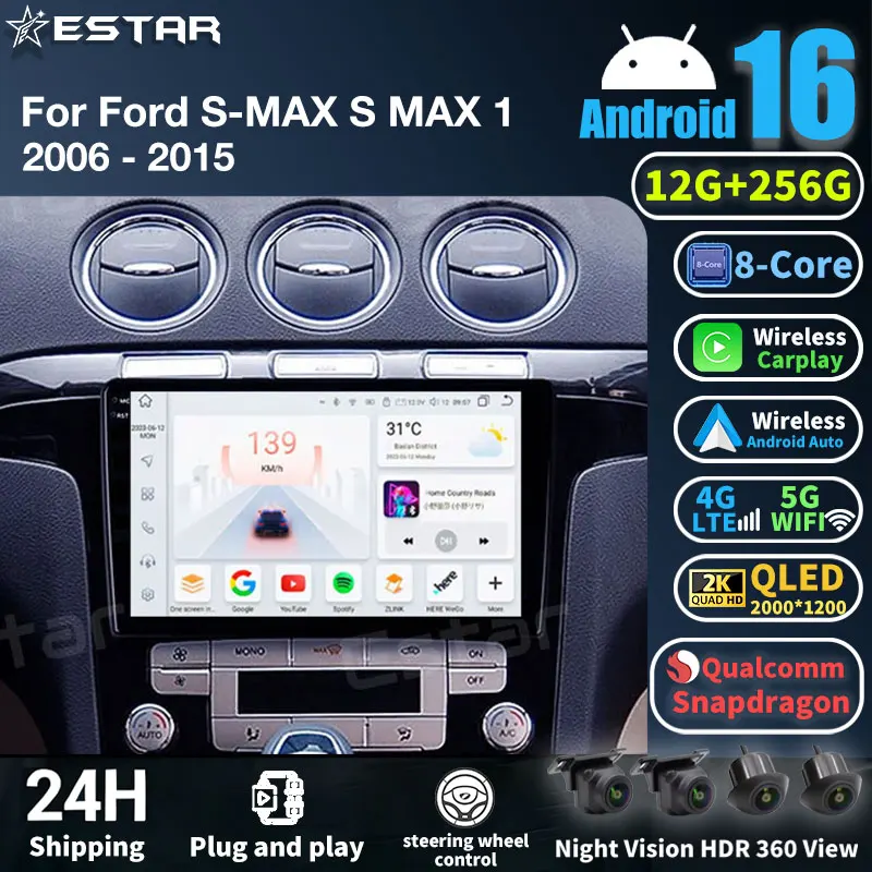 Android 16 Carplay Auto Car Radio for Ford S Max S-MAX 2006-2015 BT GPS Multimedia Video Player Stereo Head Unit 360 Camera DSP