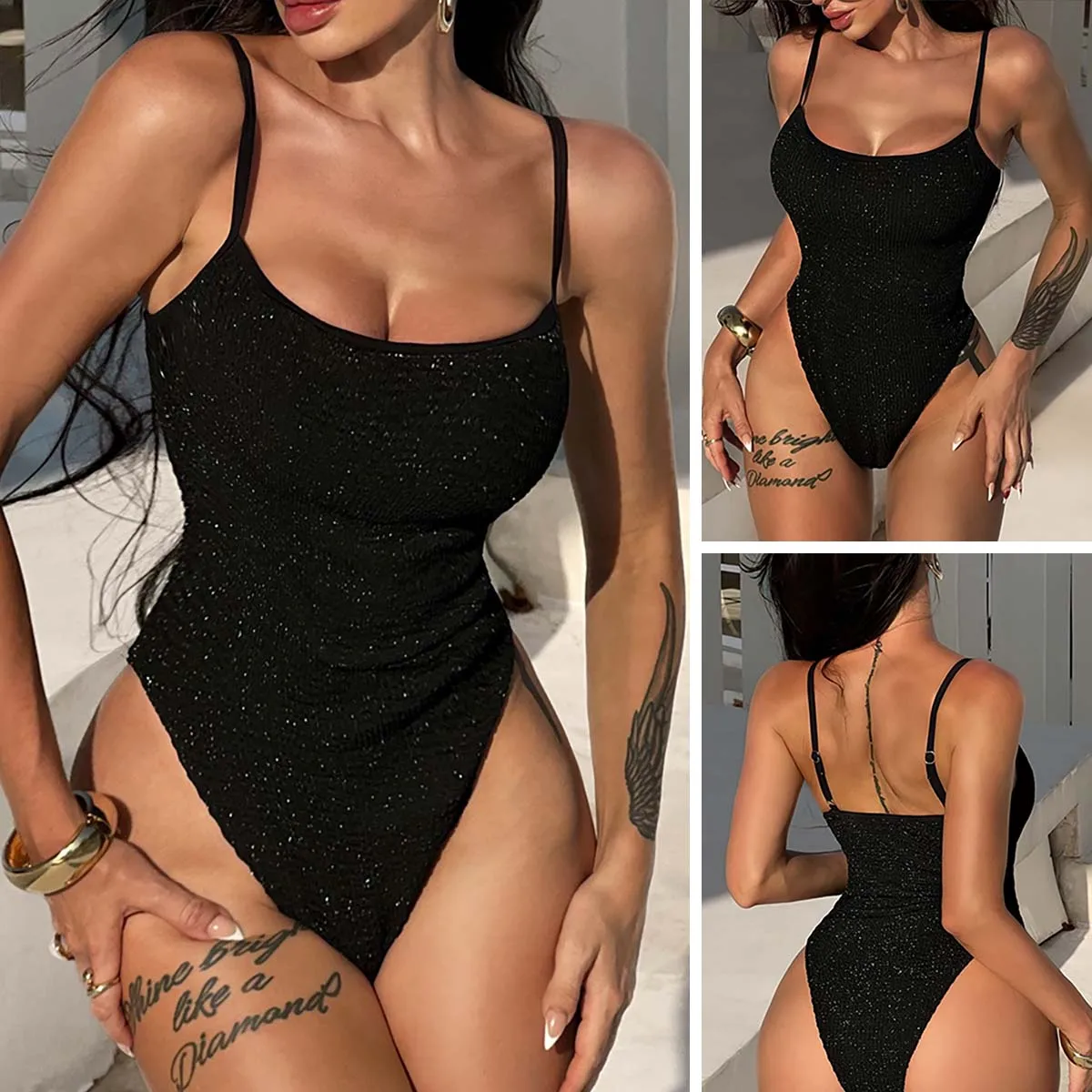 

Sexy Glitter One Piece Swimsuit For Women High Cut Out Monokini Blingbling Swimwear Thong Bathing Suit Summer Swim Suit Bather