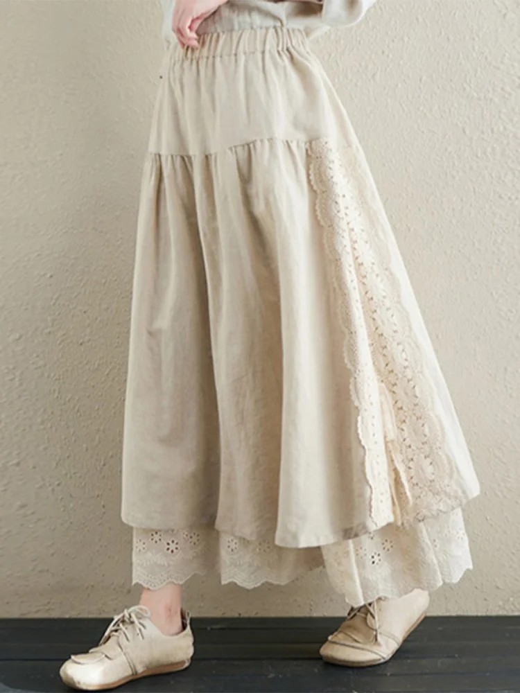 

Retro Embroidered Lace Cotton Linen High Waist Skirt Large Size A-Line Midi Skirt Vintage Sle Full Flounce Long Skirt