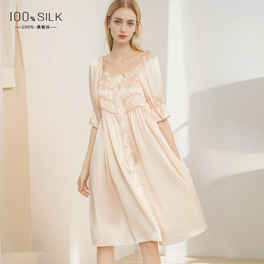 100% Mulberry Silk Sexy Nightwear Lingerie Cardigan Silk Long Nightdress for Women Nightgowns French Retro Mid-length Home Dress