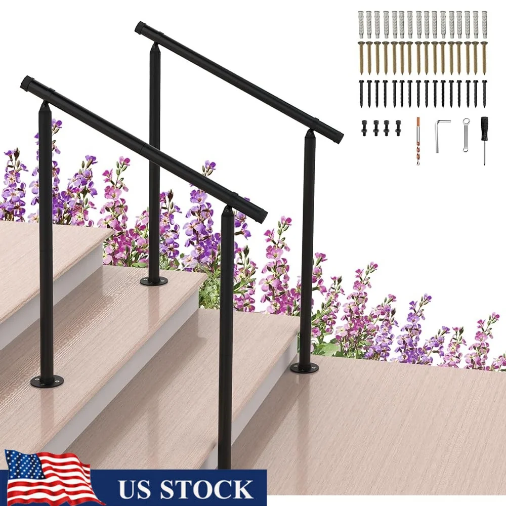 2 Pack Metal Handrails Outdoor Steps Adjustable Wrought Iron Stair Railing 2 to 3 Step Handrail Installation Kit Durable Support