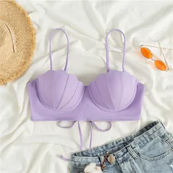 Women Bikini Bra Push Up Padded with Wire Spaghetti Strap Solid Color Swimming Seashell Shape Lace Up Beach Swimming Top Women