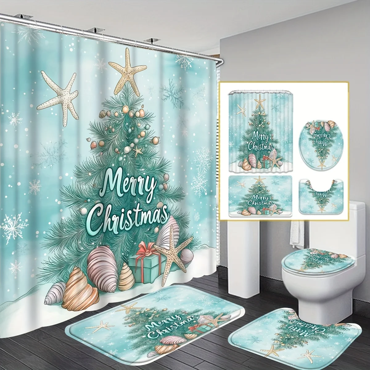 

Набор для душа из 4 предметов в виде рождественской елки, синий цветочный принт в виде ракушки морской звезды, 12 крючков, нескользящий коврик, U-образный чехол для сиденья, праздничный декор