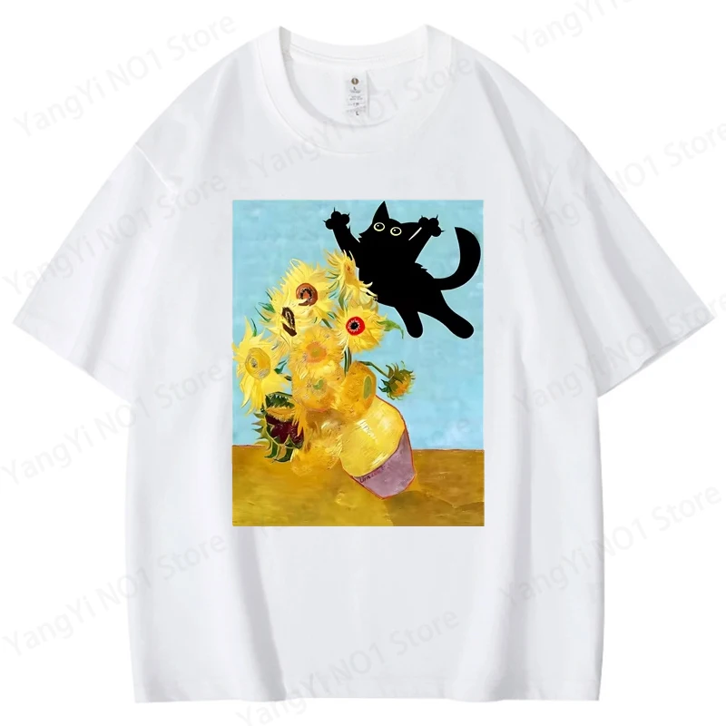 Vincent Van Gogh Cat T-shirt for Men Women Sunflowers Print Tshirt Funny Cute Cat Kitten T Shirt Cotton Short Sleeve Clothes