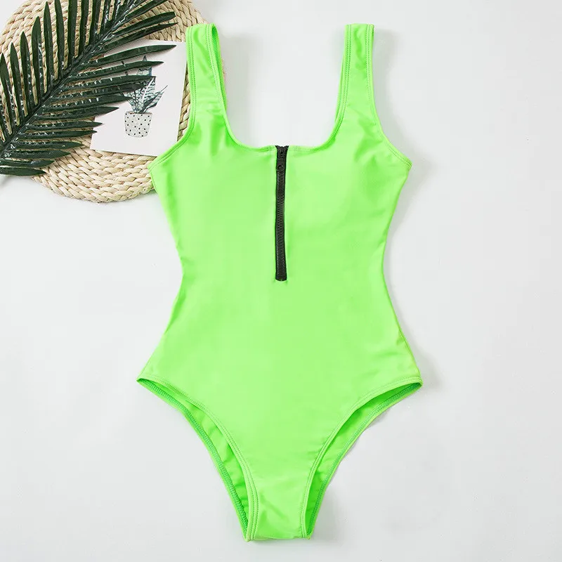 Sexy Bikini One Piece Swimsuits Women Zipper Swimwear Solid Padded Bra Bathing Suit Tropical Surfing Sport Bodysuit Female