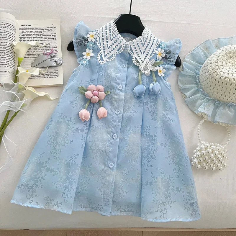 

New style girls' hollow-out bow dress, summer chic with small flutter sleeves and three-dimensional floral princess dress