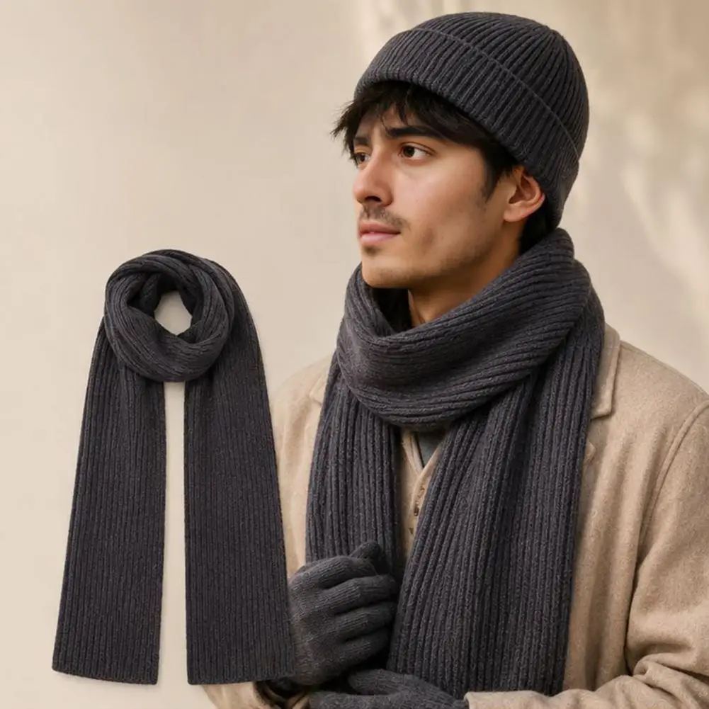 Winter Knitted Hat Scarf Gloves Set for Men Stretchy Breathable Knit Beanies Neck Scarf Men's Knitted Hat Scarf Set for Outdoor
