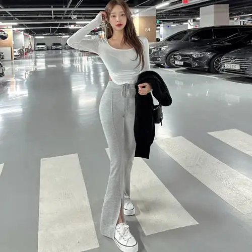 Comfortable High Waist Flared Casual Pants Korean Style Commute Fashion Trousers Long Legs Front Slit Polyester Blend