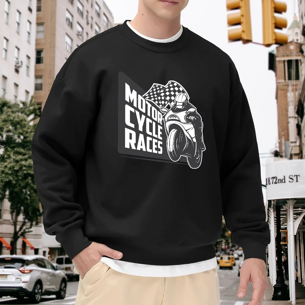 

Men's Black Crew Neck Pullover Sweatshirt with Motorcycle Print, Loose Fit Top, Street Style Casual Wear, Comfortable and Breathable for Everyday Wear and Sports, Polyester Fabric