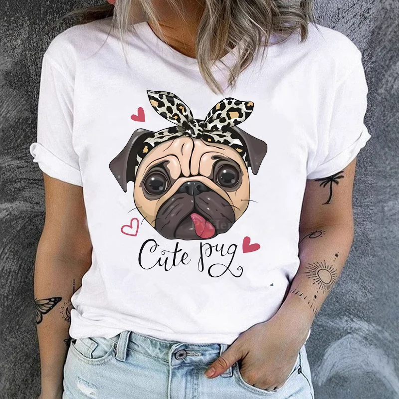 Cute Pug Dog Print Short Sleeve T-shirt Male and Female Couples Wear Modal Clothing Trend Harajuku  polyester fabric