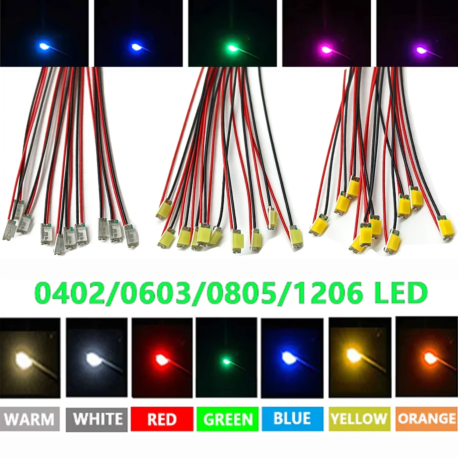 9 colors x 90 pieces 0402 0603 1206 0805 each 10 DIY patch light strip with wire LED pre-soldered chips with wire 3V lead 30cm
