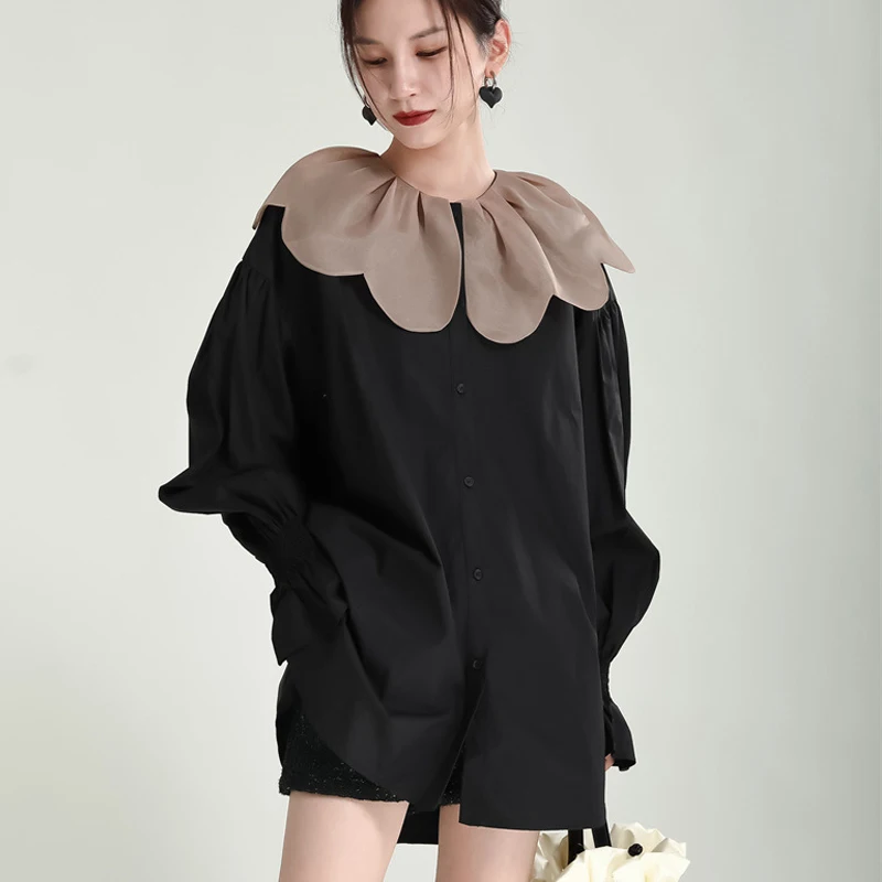 

Johnature Spring New Doll Petal Collar Loose Midi Shirts 2024 Fashion Tops Patchwork Hit Color Loose All Match Women Blouses