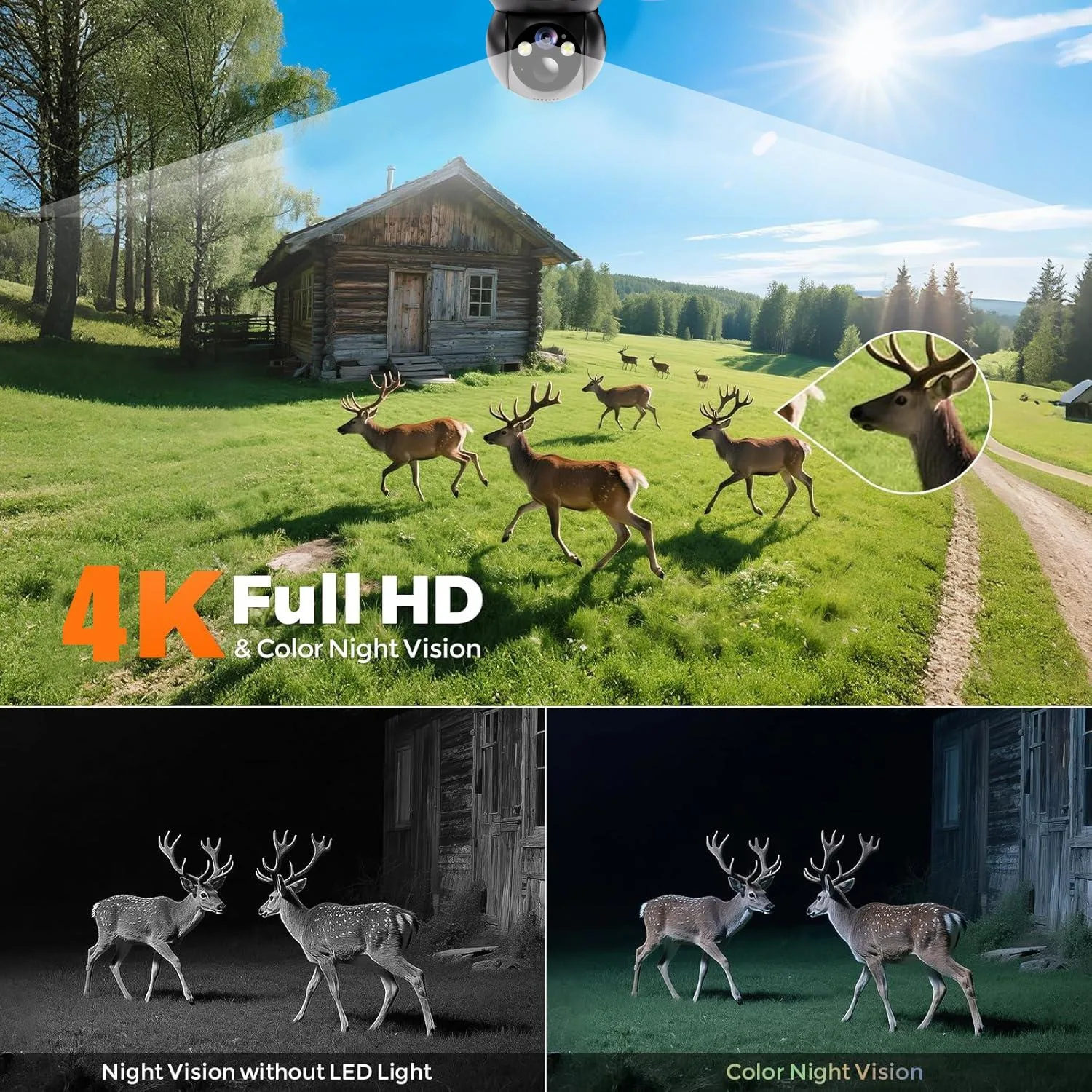 كاميرات مراقبة تعمل بالطاقة الشمسية 4G LTE - 360 °   PT 4K لون للرؤية الليلية نظام الكاميرا الأمنية التحكم عن بعد في الهاتف، 2-Way Talk، 2 دقيقة DI