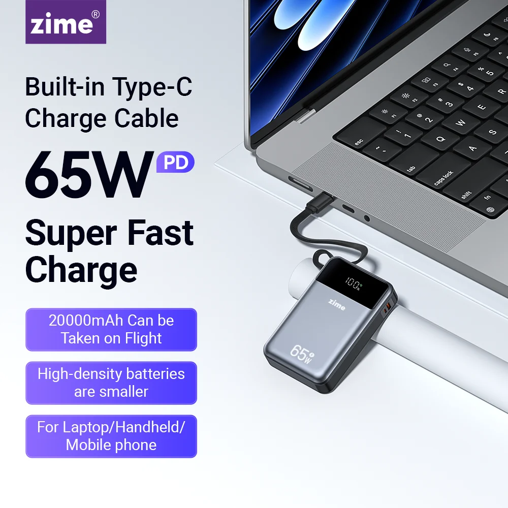 

zime 65W 20000mAh Power Bank Fast Charging With Built-in Retractable Type-C Cable For Laptops For iPhone Tablet Portable Drone