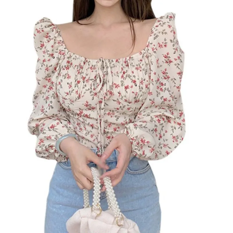 Summer Women Floral Print Square Collar Sexy  Long Sleeves Chiffon Shirt Blouse