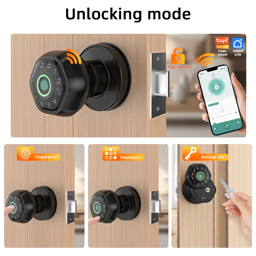 RAYKUBE Q5 USA. Free Delivery Tuya BLE Smart Fingerprint Door Lock Electronic Lock Round Knob with Password/Key/Tuya APP Unlock