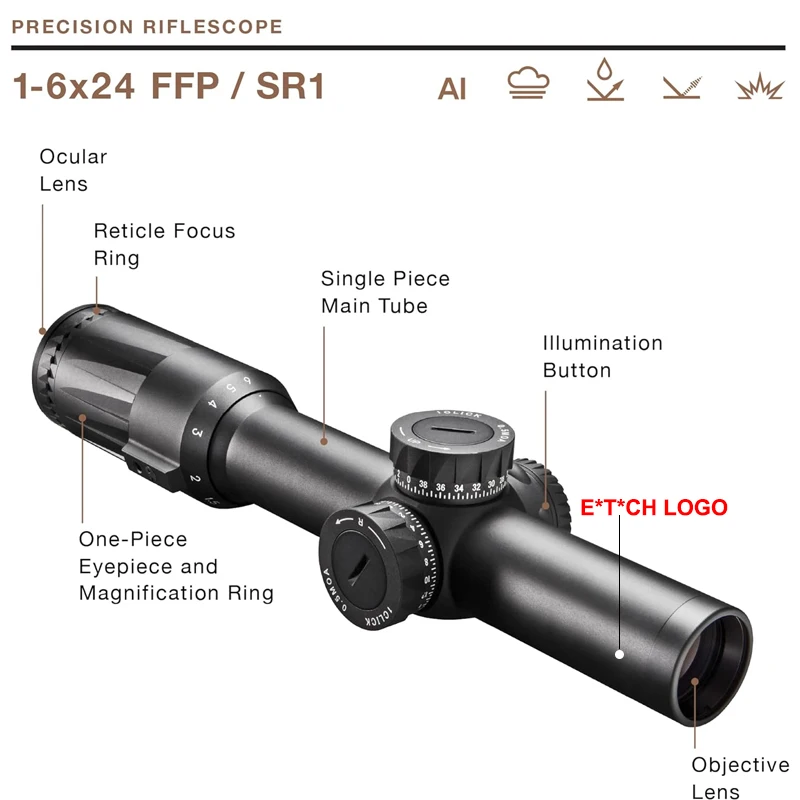 Original E*T*CH VUDU 1-6x24 First Focal Plane(FFP) Precision Rifle Scope SR1 Illuminated Reticle 30mm Tube Short&Medium Range